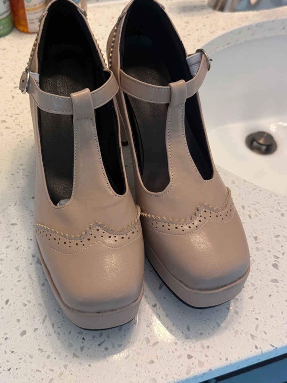T-Strap Platform Pumps in Beige - Women's Dress Heels
